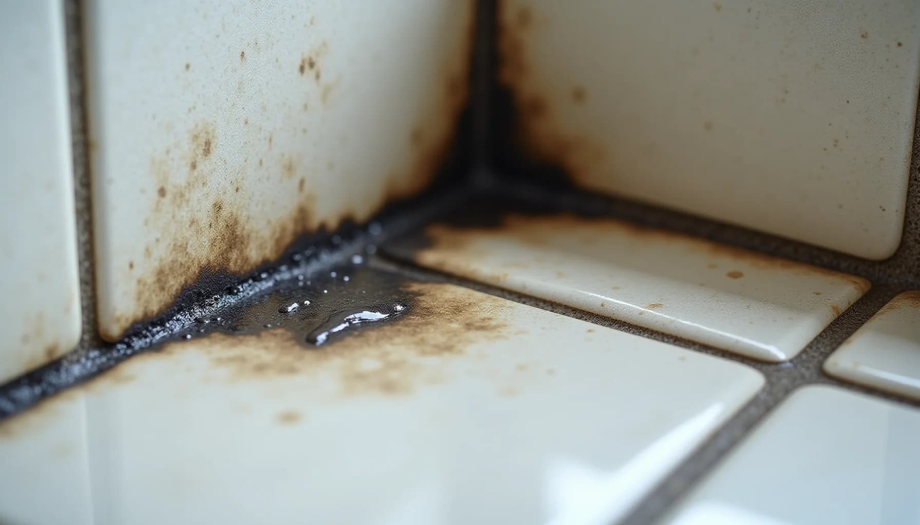 white bathroom tiles with dark moldy grout seams and water droplets on the tile surface