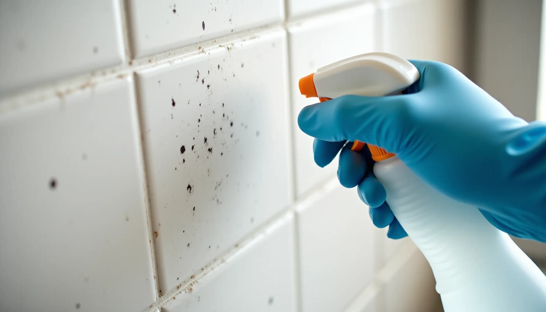 Gloved hand holding spray bottle with orange trigger, spraying white tiles with visible dark mold spots