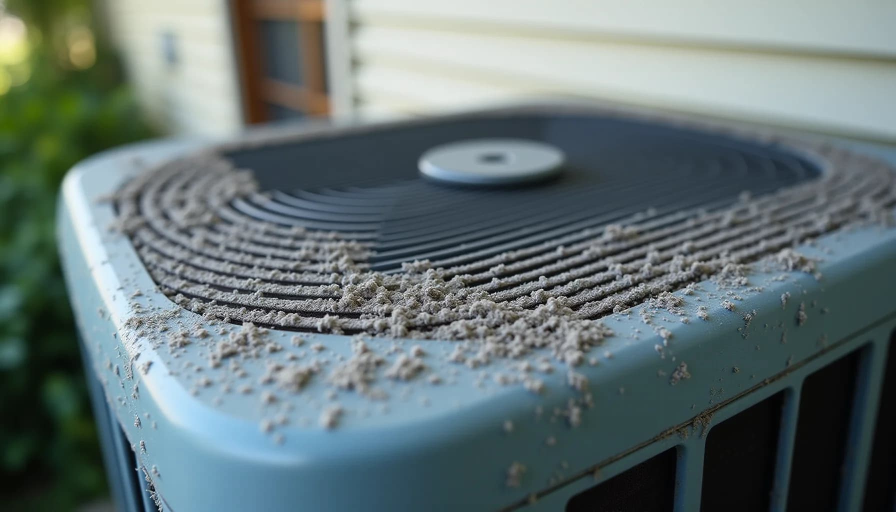 a dirty outdoor air conditioning unit with dust and debris accumulated on its metal fins, white casing visible in soft