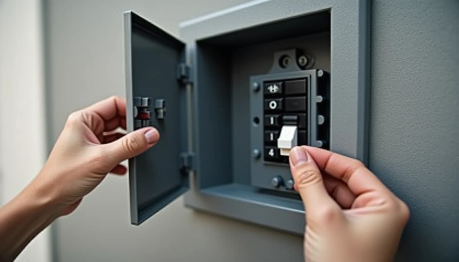 Two hands opening a gray electrical panel box mounted on a white wall, revealing circuit breakers and switches inside