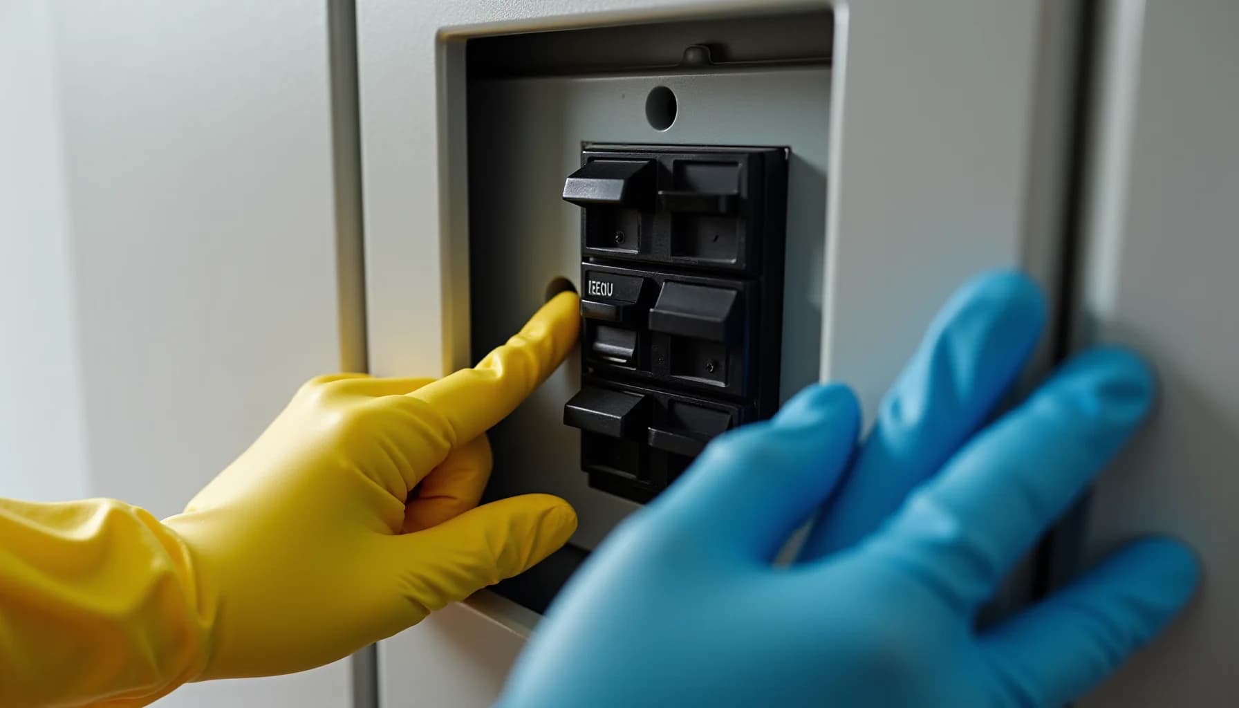Gloved hands in yellow and blue rubber gloves operating a black electrical circuit breaker panel mounted in a white