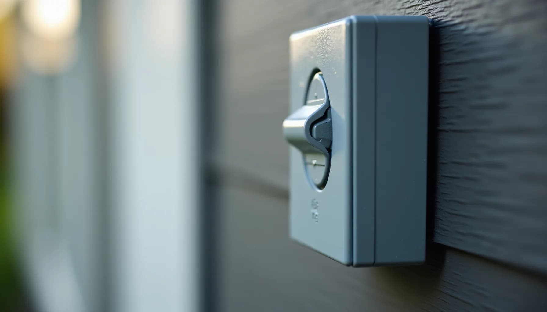 a white and grey electrical outlet mounted on a dark textured wall surface with blurred background
