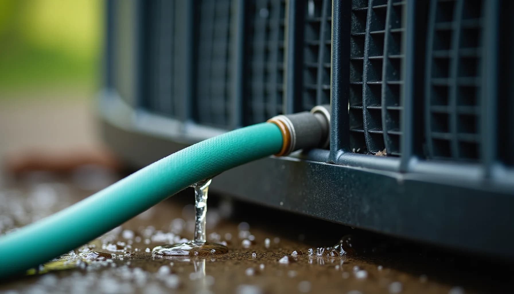 Turquoise garden hose with water dripping onto wet ground beside a dark metal AC unit with mesh fins and blurred green