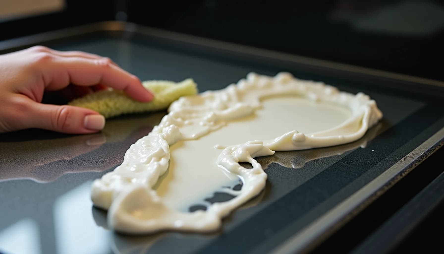 Child's hand reaching toward decorated cookies with white icing on a dark baking tray