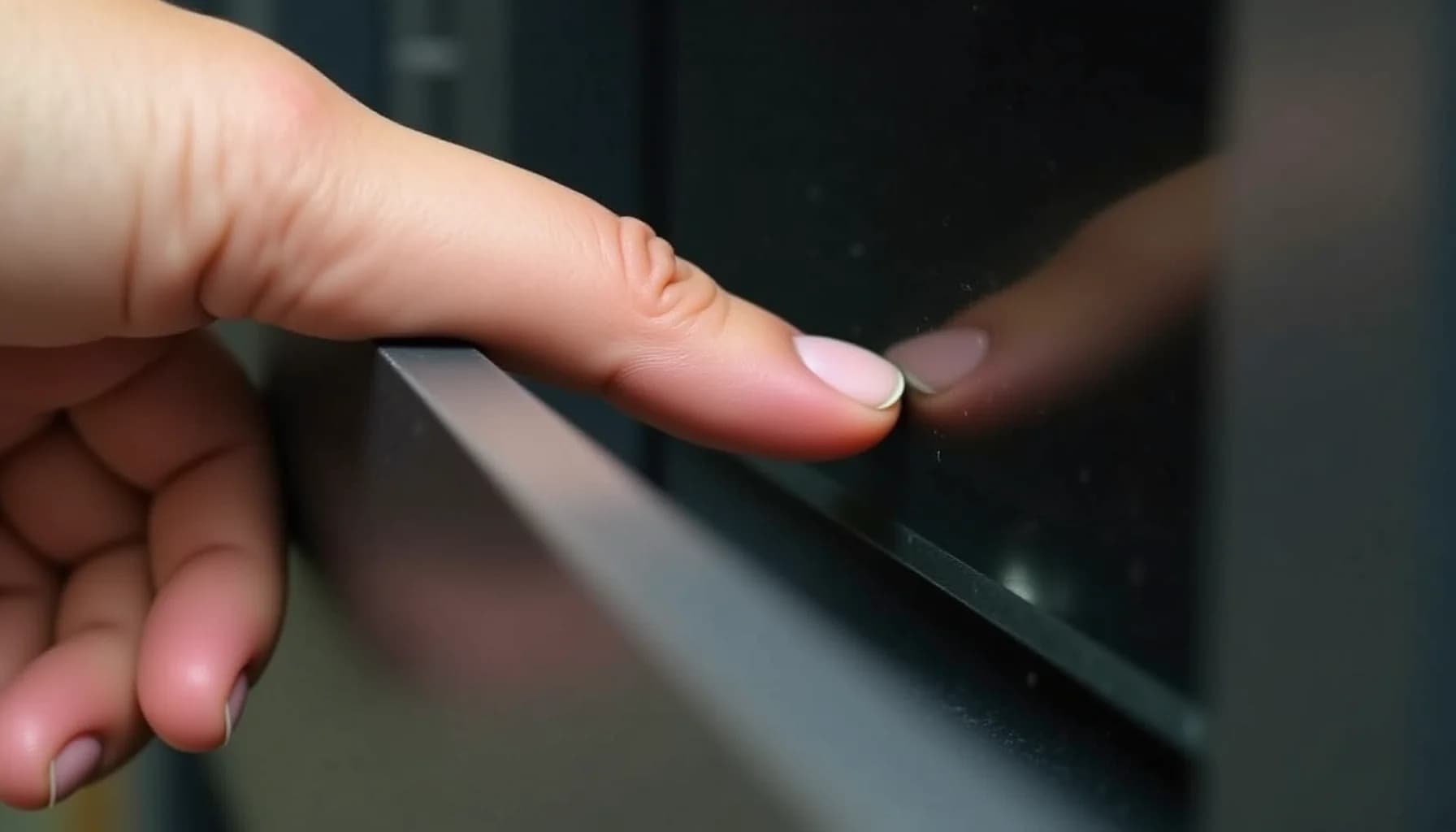 Hand with pale skin wiping a dark oven door glass surface with a light-colored cloth