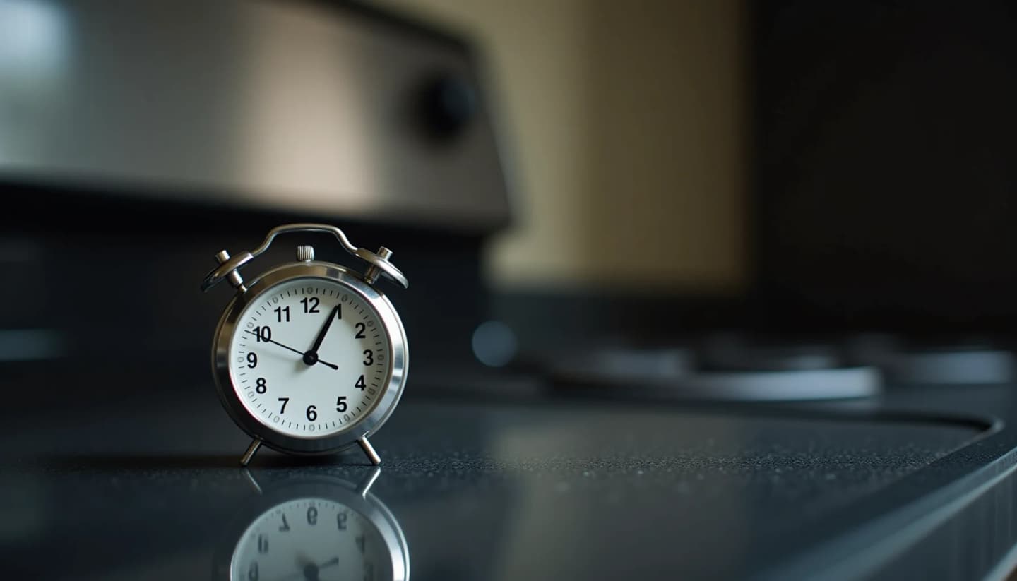 A silver twin-bell alarm clock displaying 3:00 sits on a dark reflective surface, with a blurred computer monitor in