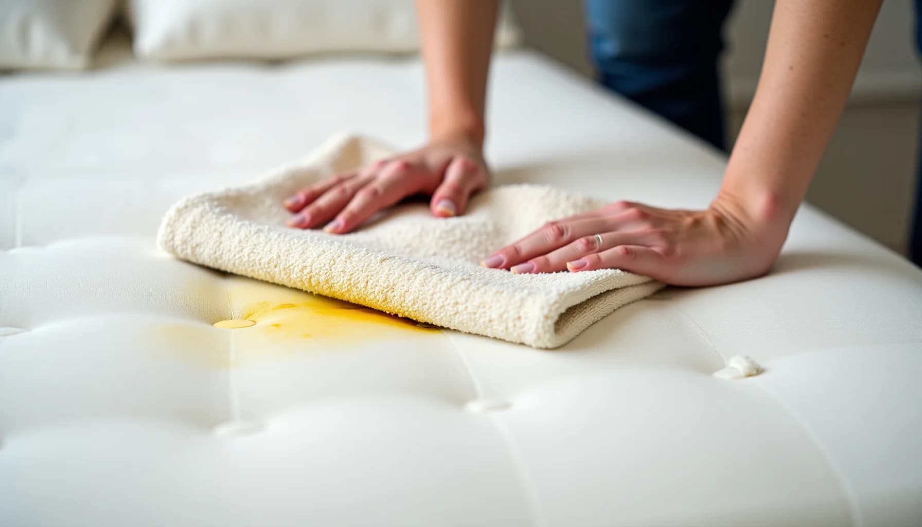 Hands pressing a beige towel onto a white mattress surface with a yellow liquid spot visible, cleaning supplies nearby