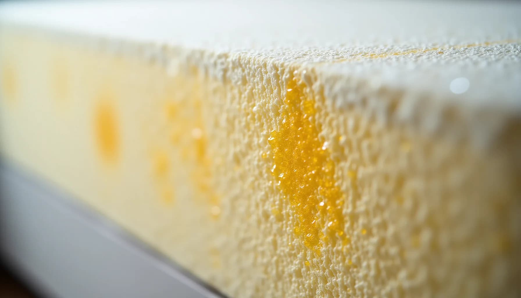 light-colored fabric with wet patches and yellow staining visible on the textured surface