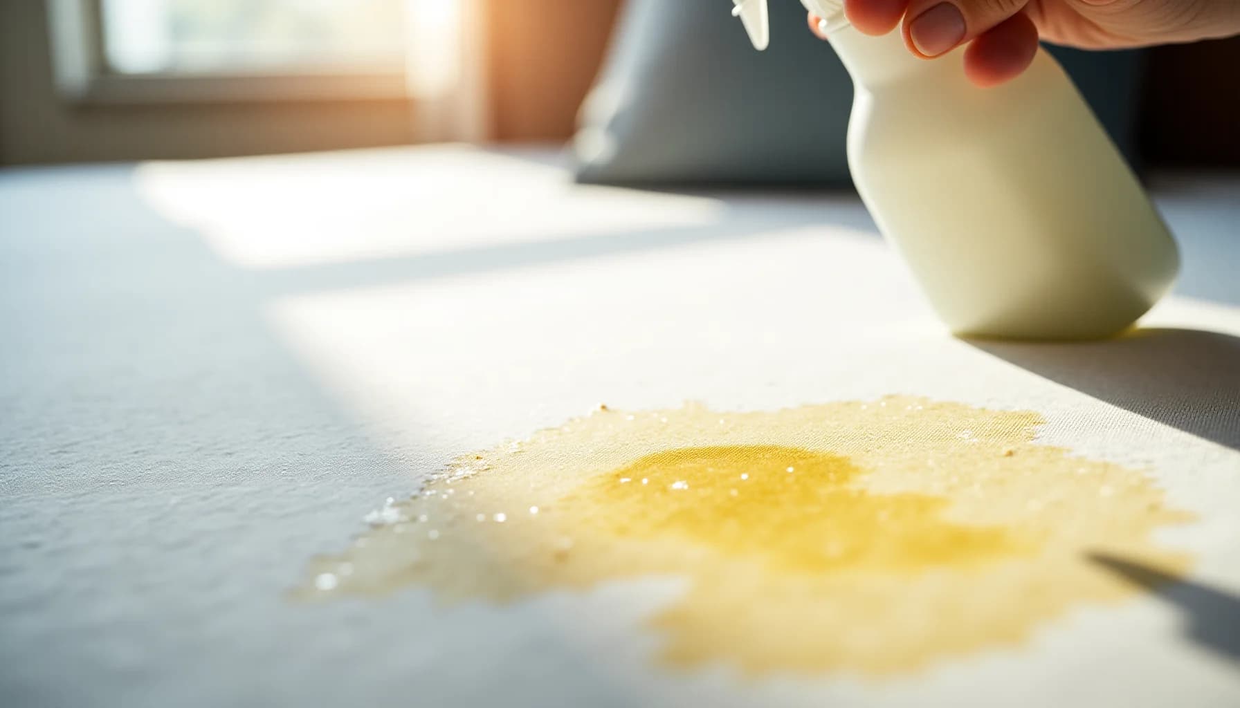 Hand holding a spray bottle applying yellow cleaning liquid to a white surface in sunlit room