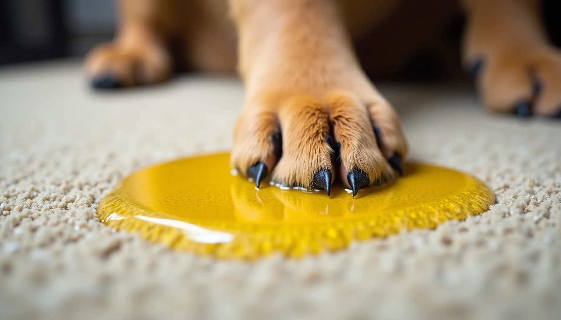 Dog's paw with black claws on yellow liquid stain on beige carpet, with blurred dog legs in background