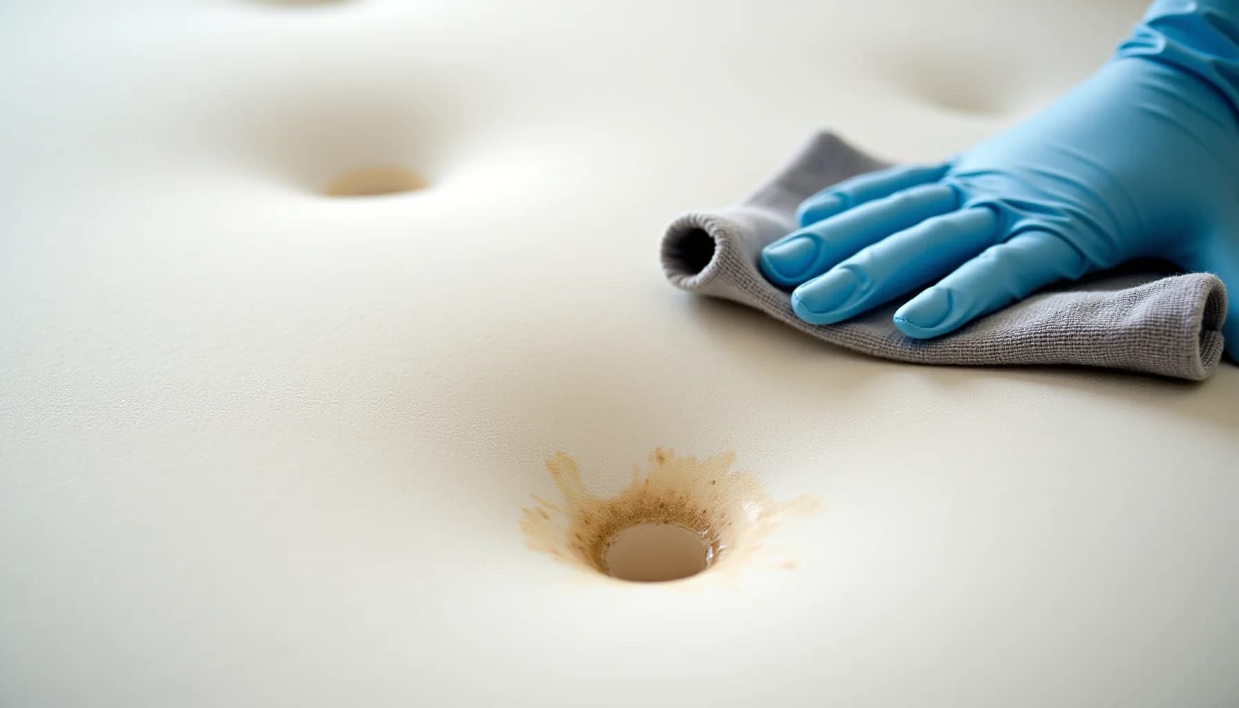 A hand wearing a blue latex glove holds a gray microfiber cloth over a stained area on a white mattress surface