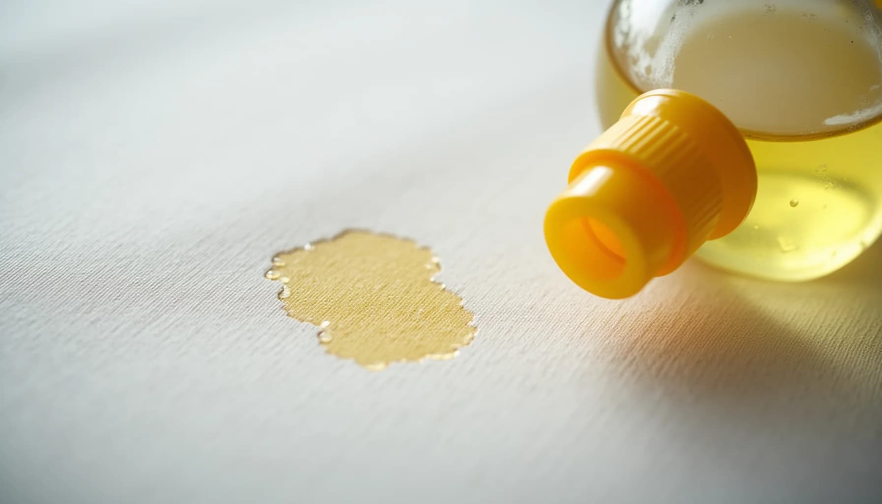 Yellow cleaning liquid in a bottle with dropper applicator, with a wet stain on white textured fabric