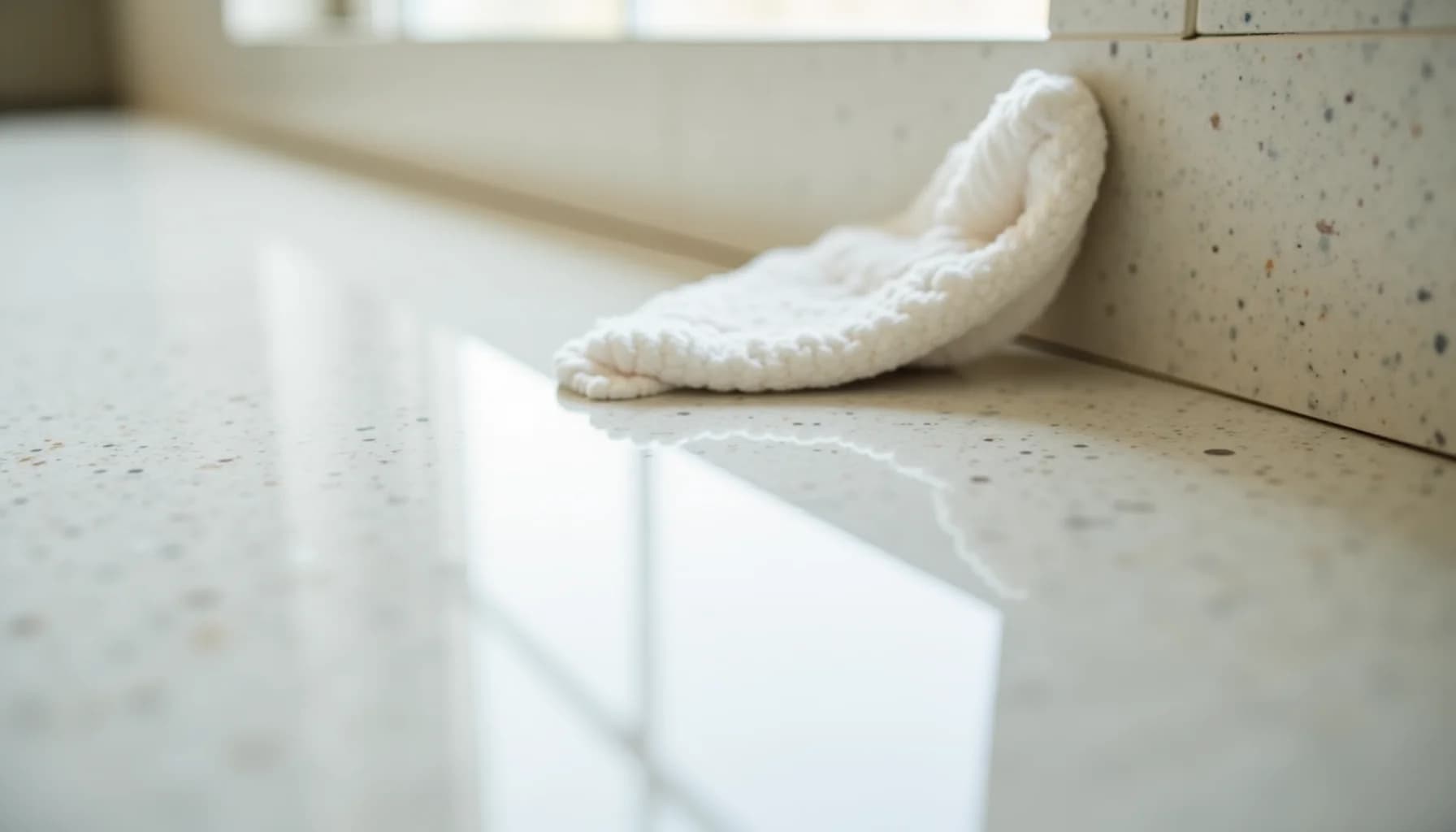 White cloth and cleaning supplies on a speckled beige quartz countertop near a window