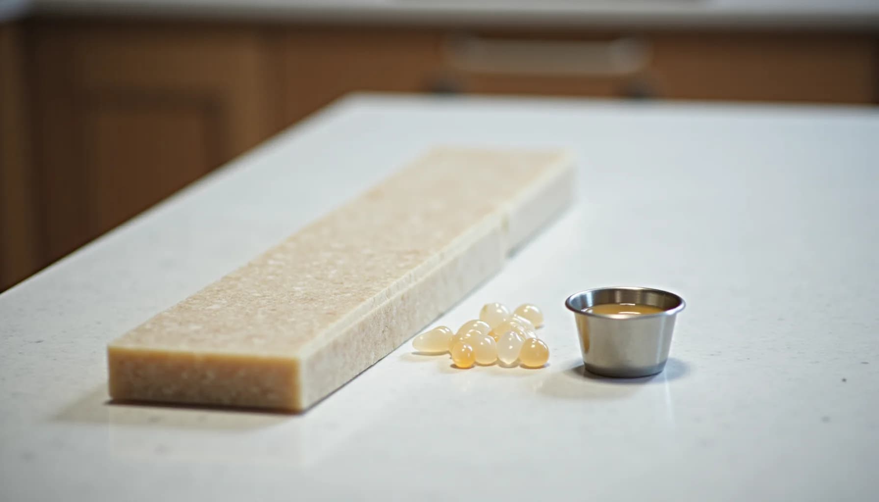 Bar of soap, transparent gel capsules, and metal cup containing liquid arranged on a white quartz countertop