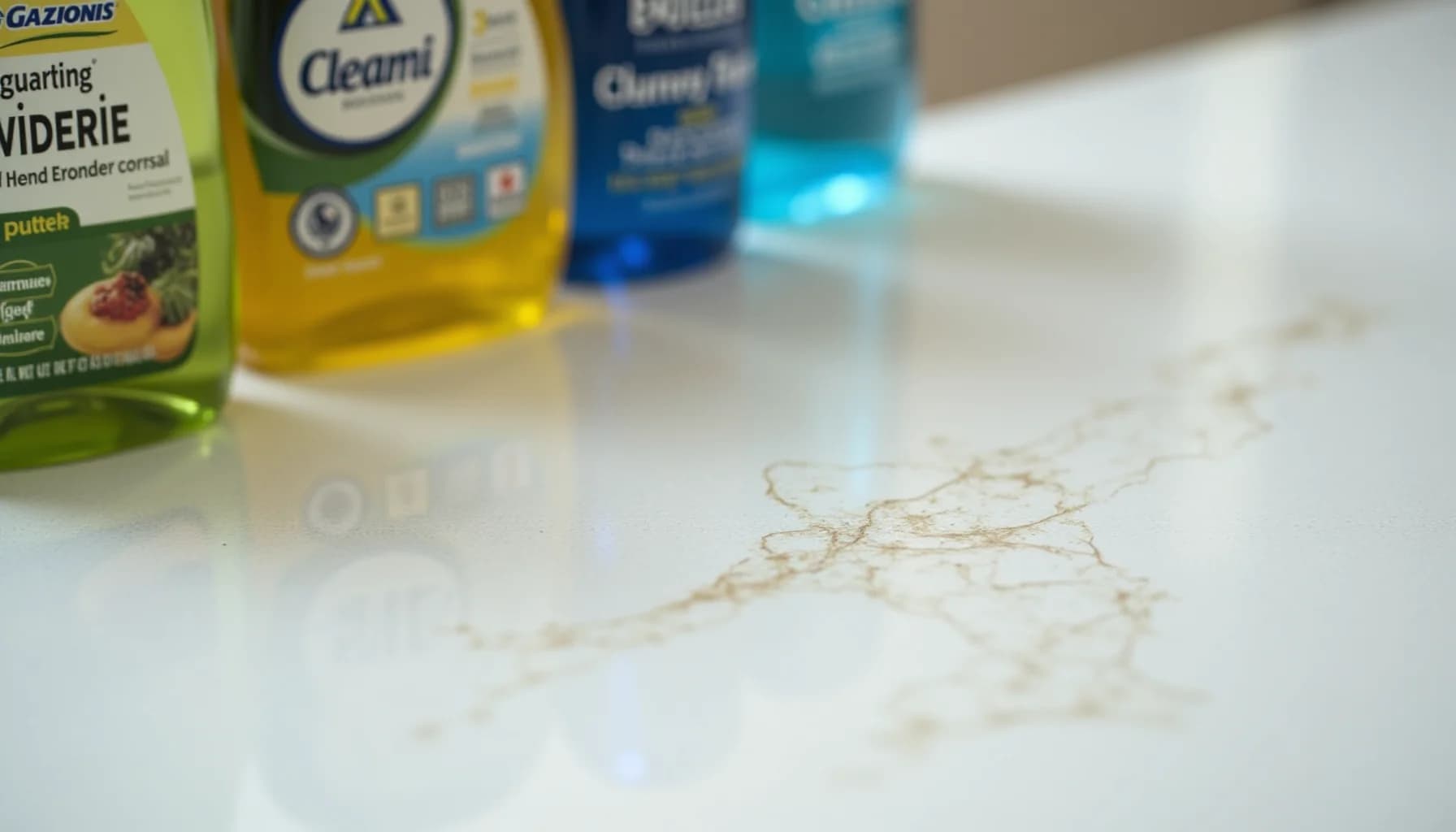 Cleaning product bottles including Cleami brand positioned on a white quartz countertop with a small liquid spill