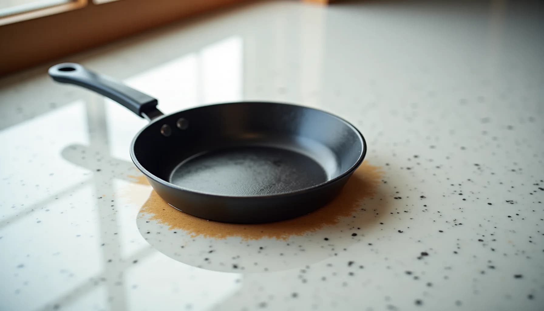 Black frying pan with handle resting on a light speckled quartz countertop near a wooden beam