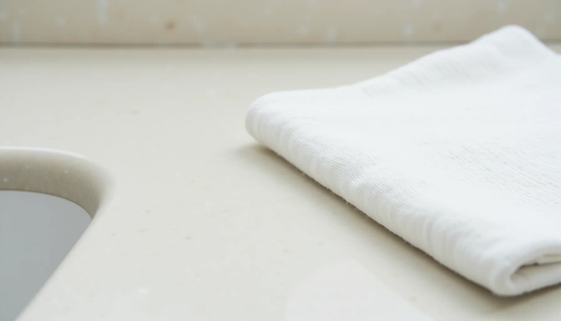 Folded white cloth resting on a light beige or cream-colored countertop surface