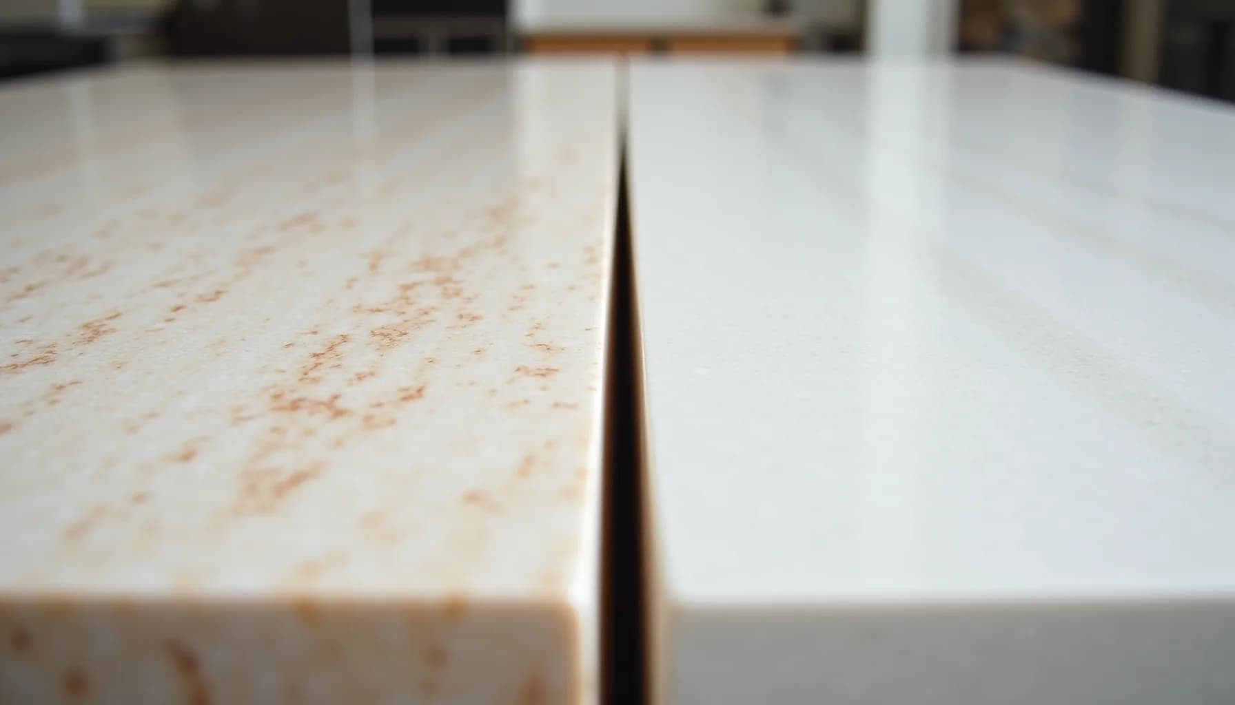 two light-colored countertop surfaces meeting at a dark seam, with blurred background and interior setting