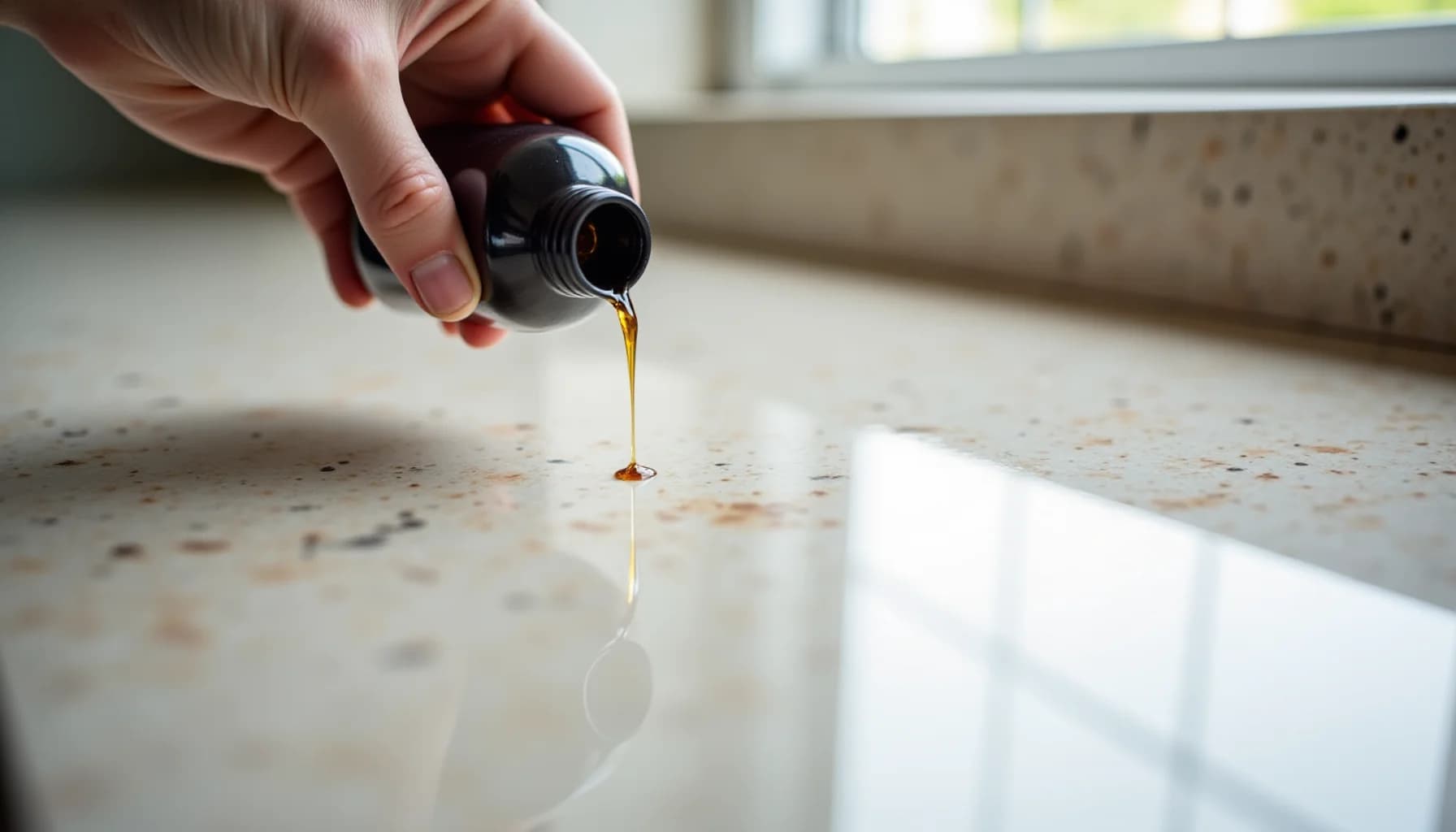 Hand holding dark bottle pouring golden liquid onto light speckled countertop in bright kitchen with window