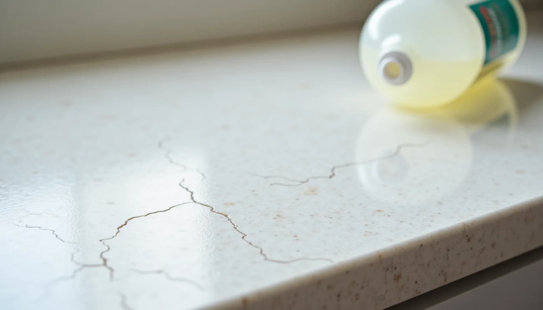 Clear liquid dispensing from a bottle with teal label onto a light-colored speckled countertop surface with visible