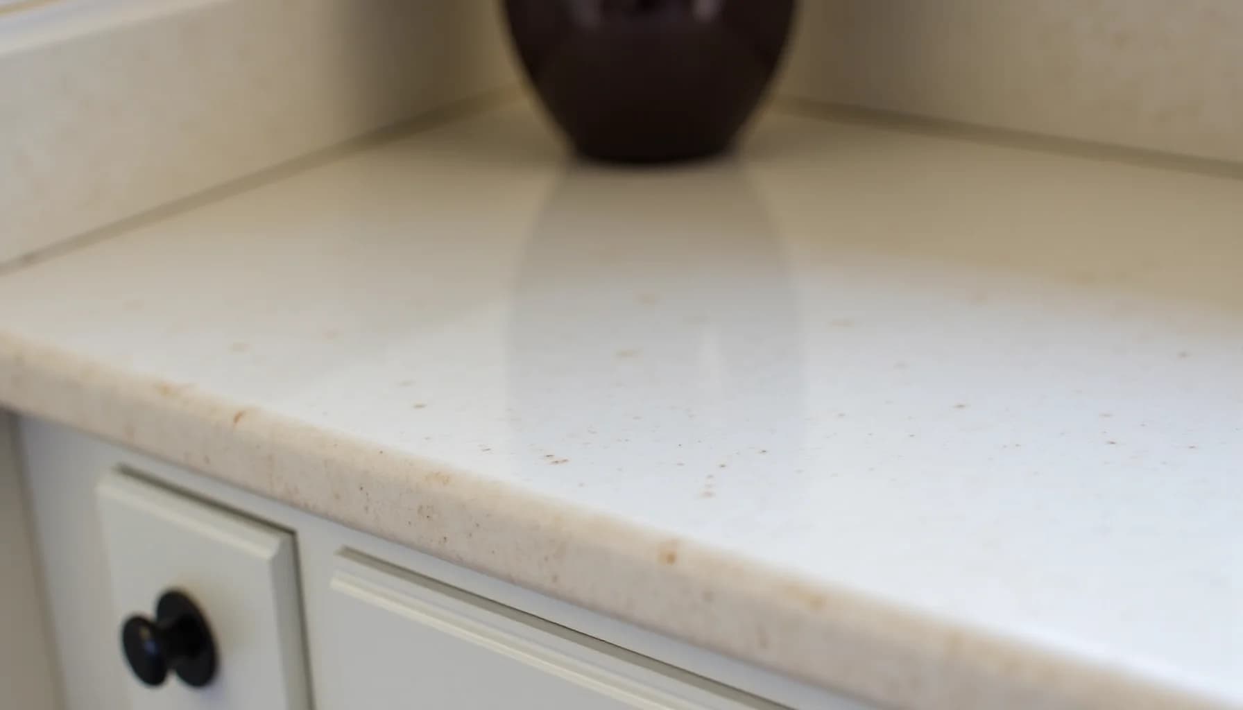 Light-colored quartzite countertop with dark bowl, white cabinetry below, and black hardware knob visible