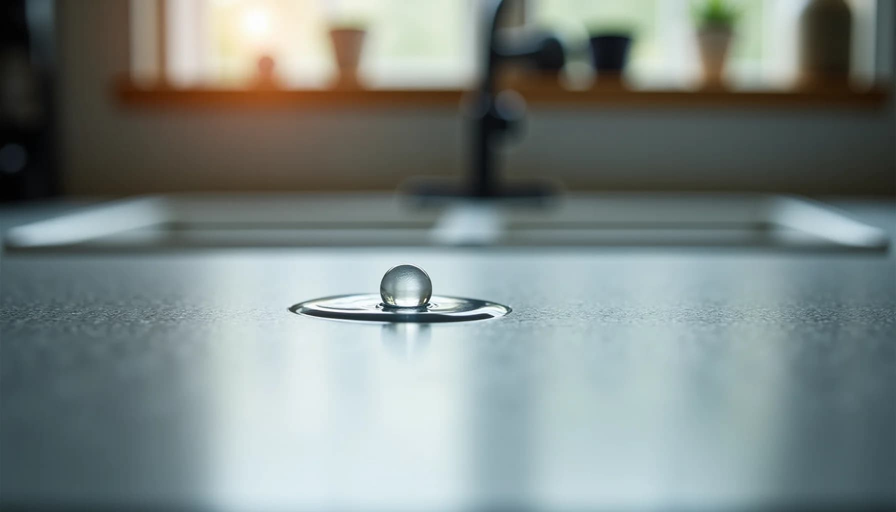 Water droplet with ripple rings on a gray countertop surface, kitchen with sink and potted plants blurred in background