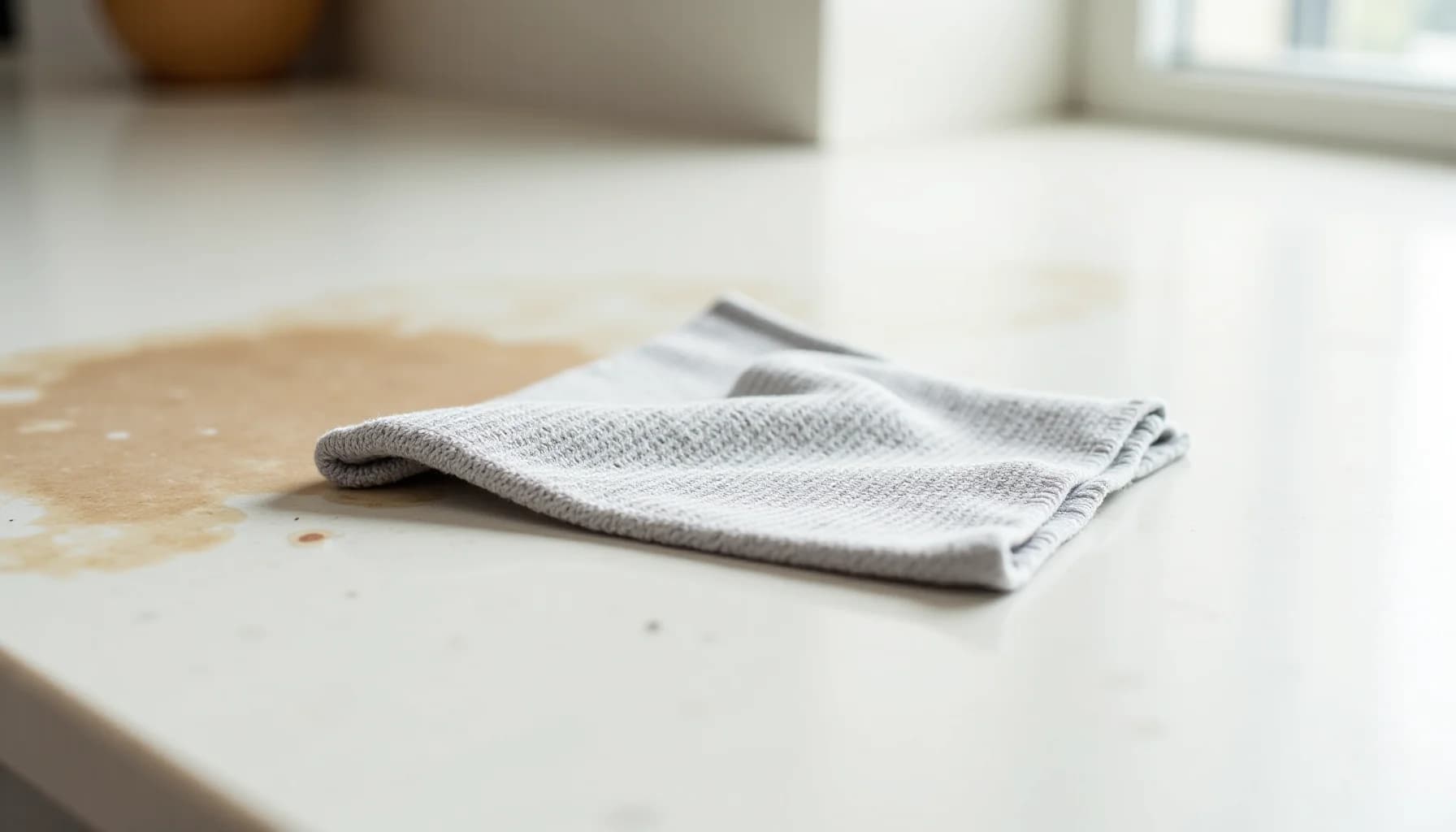 Gray cloth lying on a white countertop with scattered crumbs or debris nearby, bright interior background with window