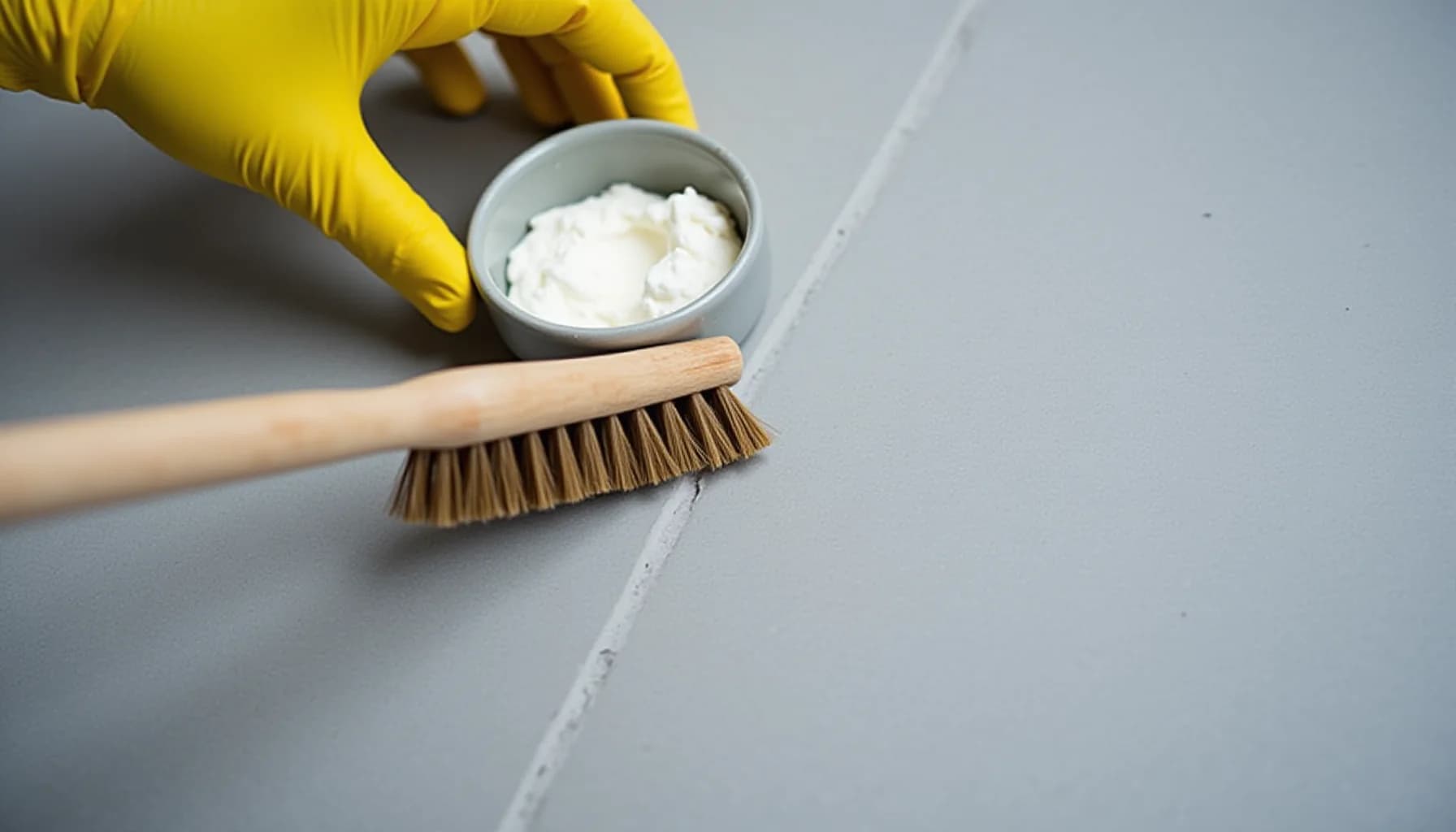 Gloved hand holding a small bowl of white paste above a brush on gray tile with grout line