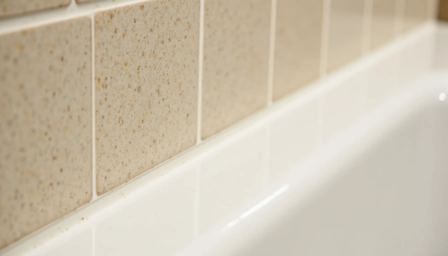 Beige speckled ceramic tiles arranged in a row with white grout lines and a white trim or ledge below
