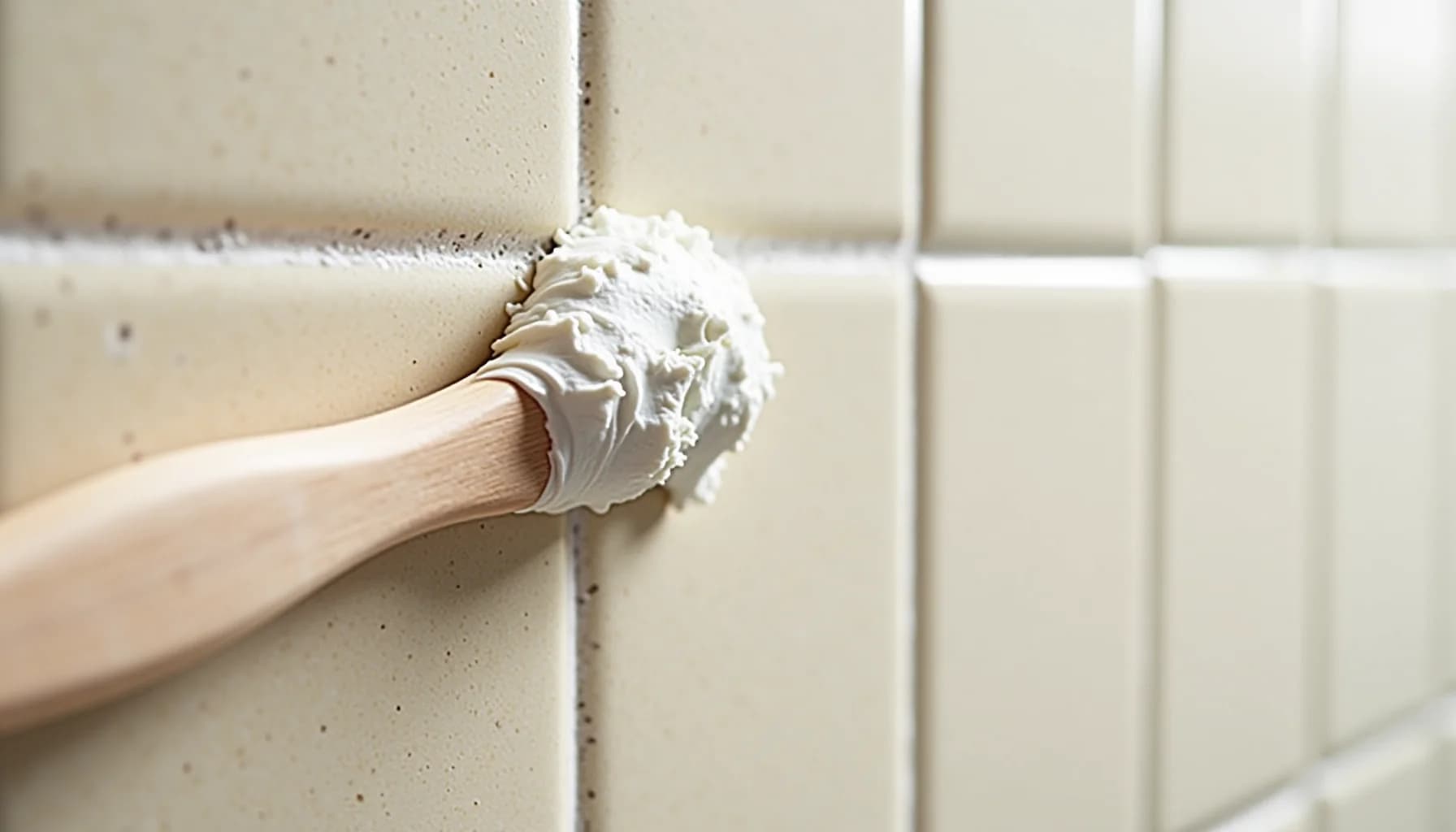Hand holding wooden-handled brush applying white grout compound to joints between cream-colored rectangular tiles