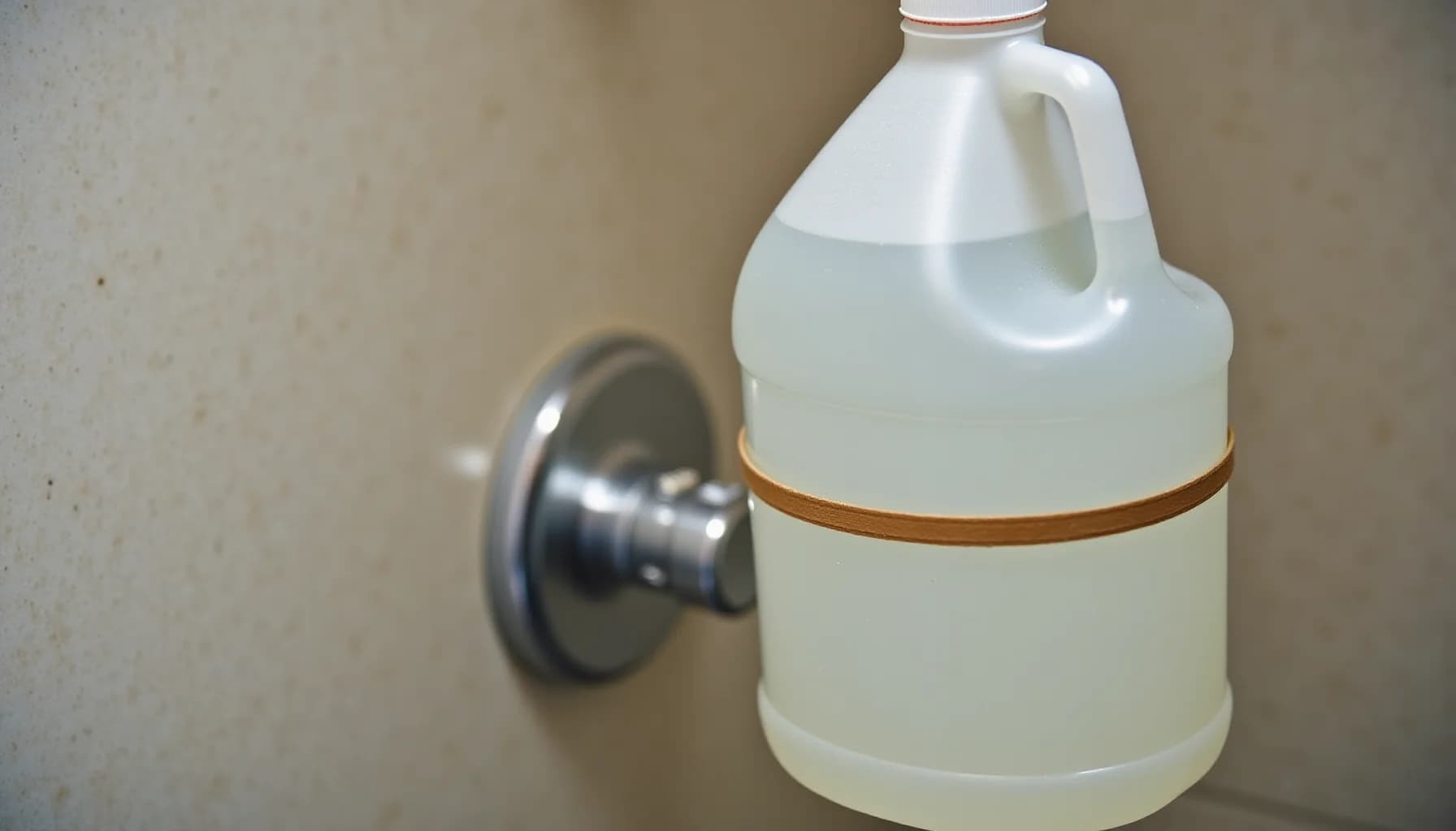 White plastic jug with brown label band containing clear liquid next to a chrome shower head fixture mounted on beige