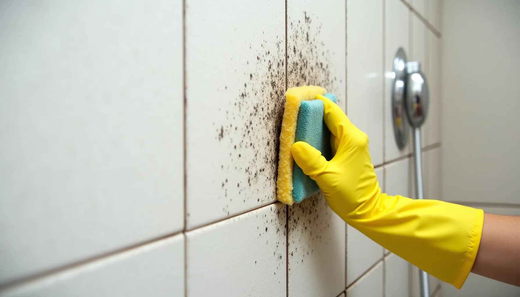 Gloved hand holding a sponge, cleaning black mold spots from white bathroom tiles near a shower fixture