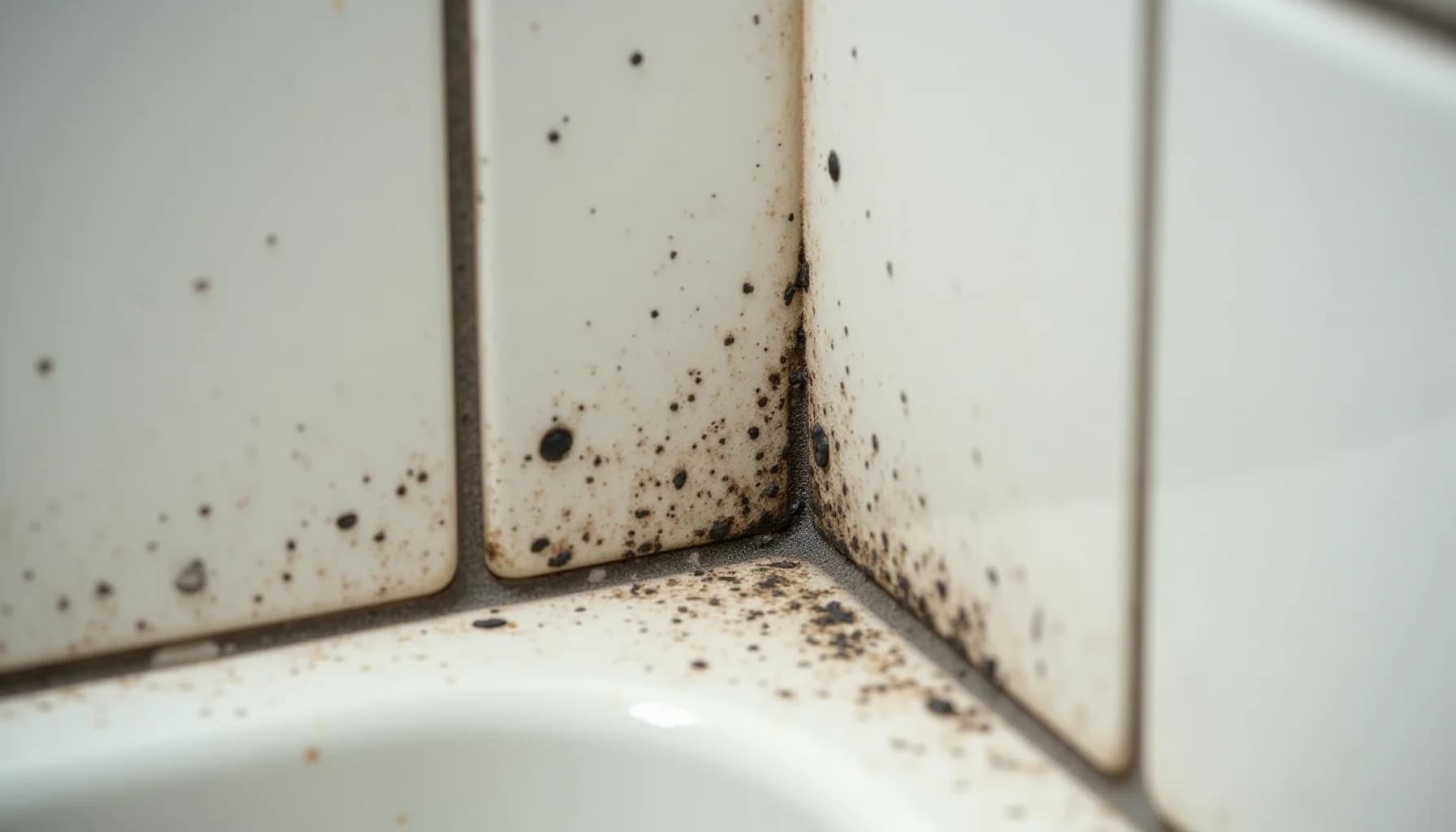 black mold and dust accumulation in a corner where white bathroom tiles meet, showing deterioration and discoloration
