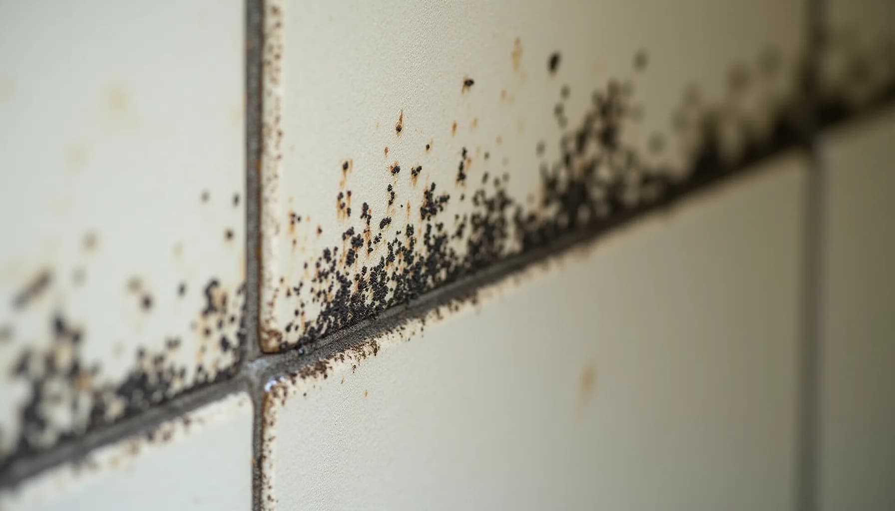 black and brown mold growth along a wall corner and metal trim, with spores scattered on white surface
