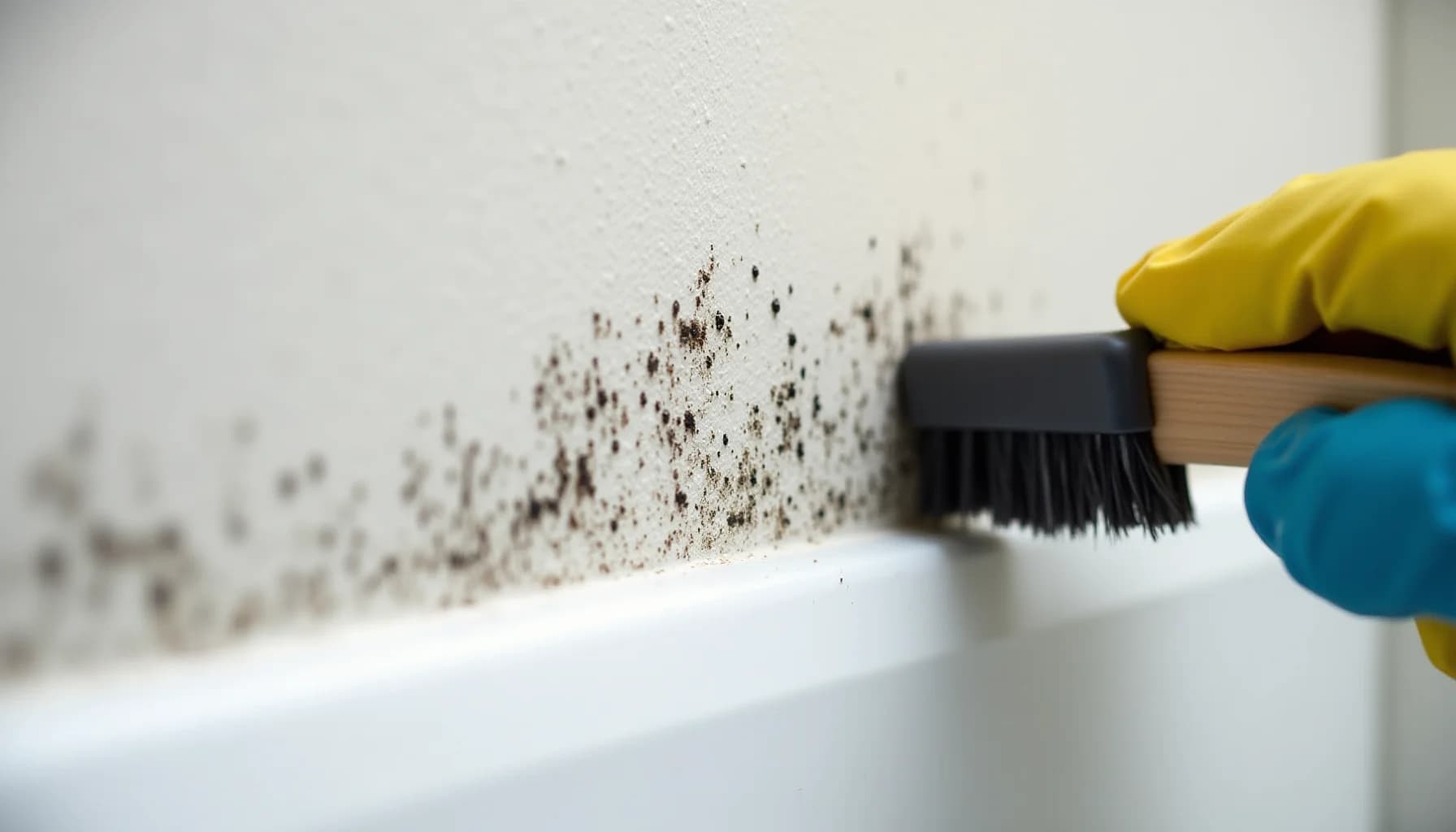 a brush with black bristles and wooden handle, held by a gloved hand in yellow and blue, scrubbing dark mold spots off