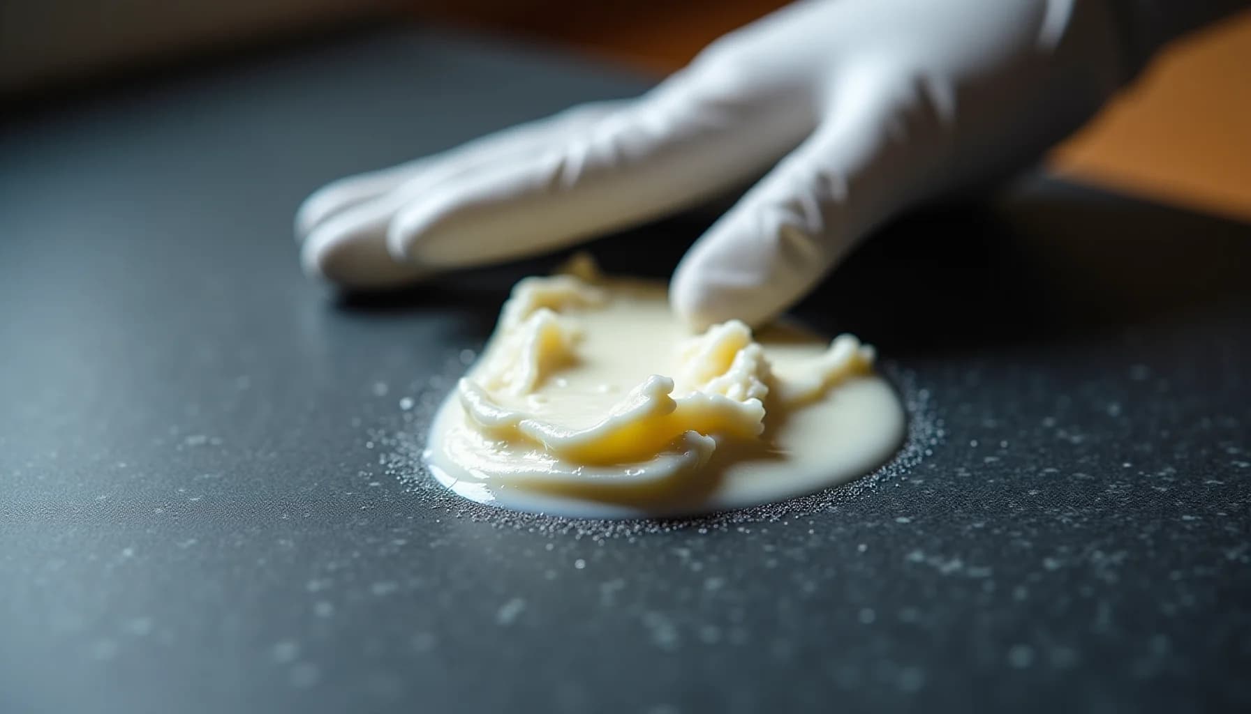 Gloved hands using a piping bag to apply cream or filling onto a dark surface, with granulated sugar visible