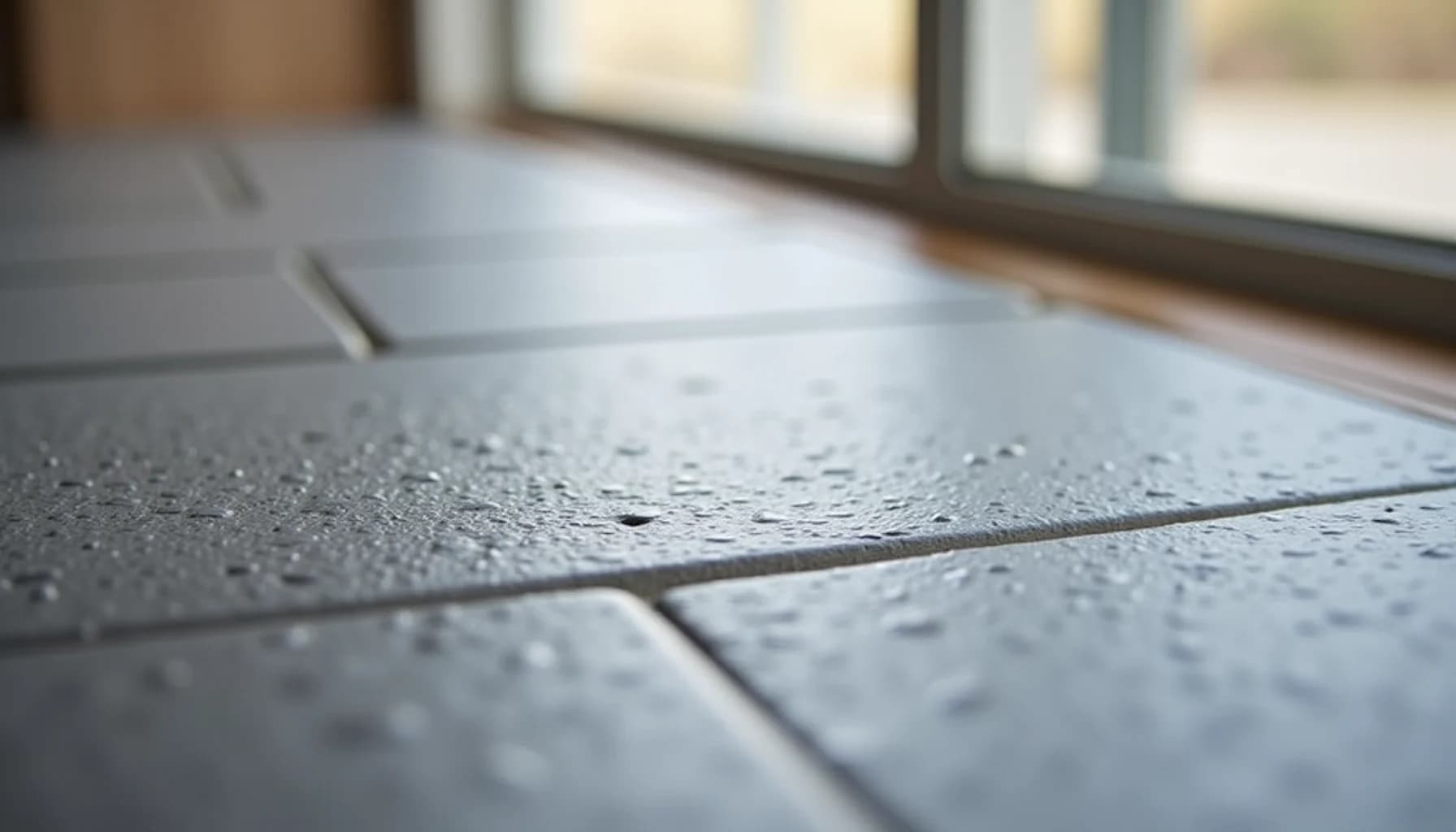 wet slate floor tiles with water droplets, wooden window frame and bright daylight in background