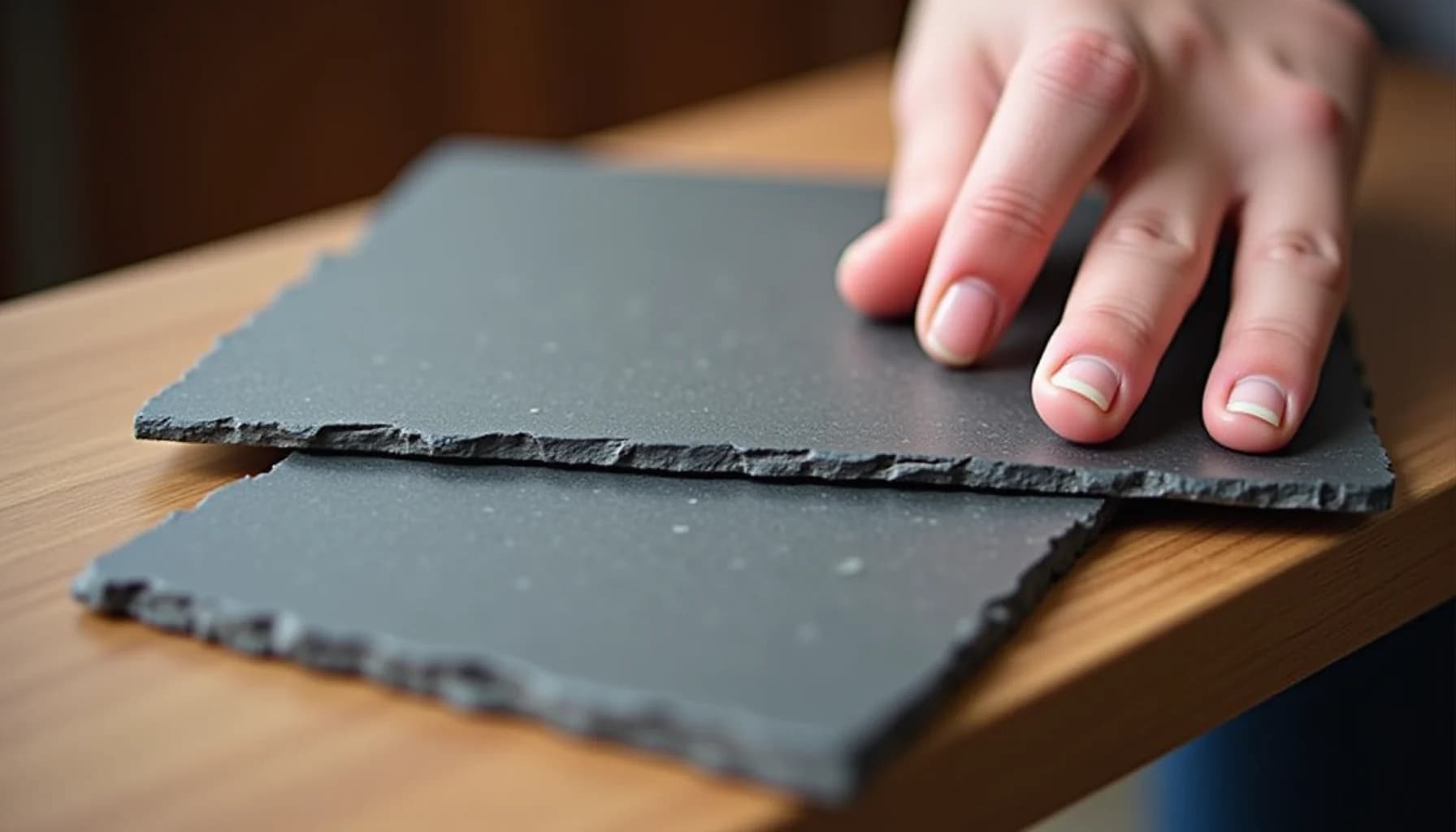 Child's hand resting on dark slate tiles with rough edges arranged on light wood surface