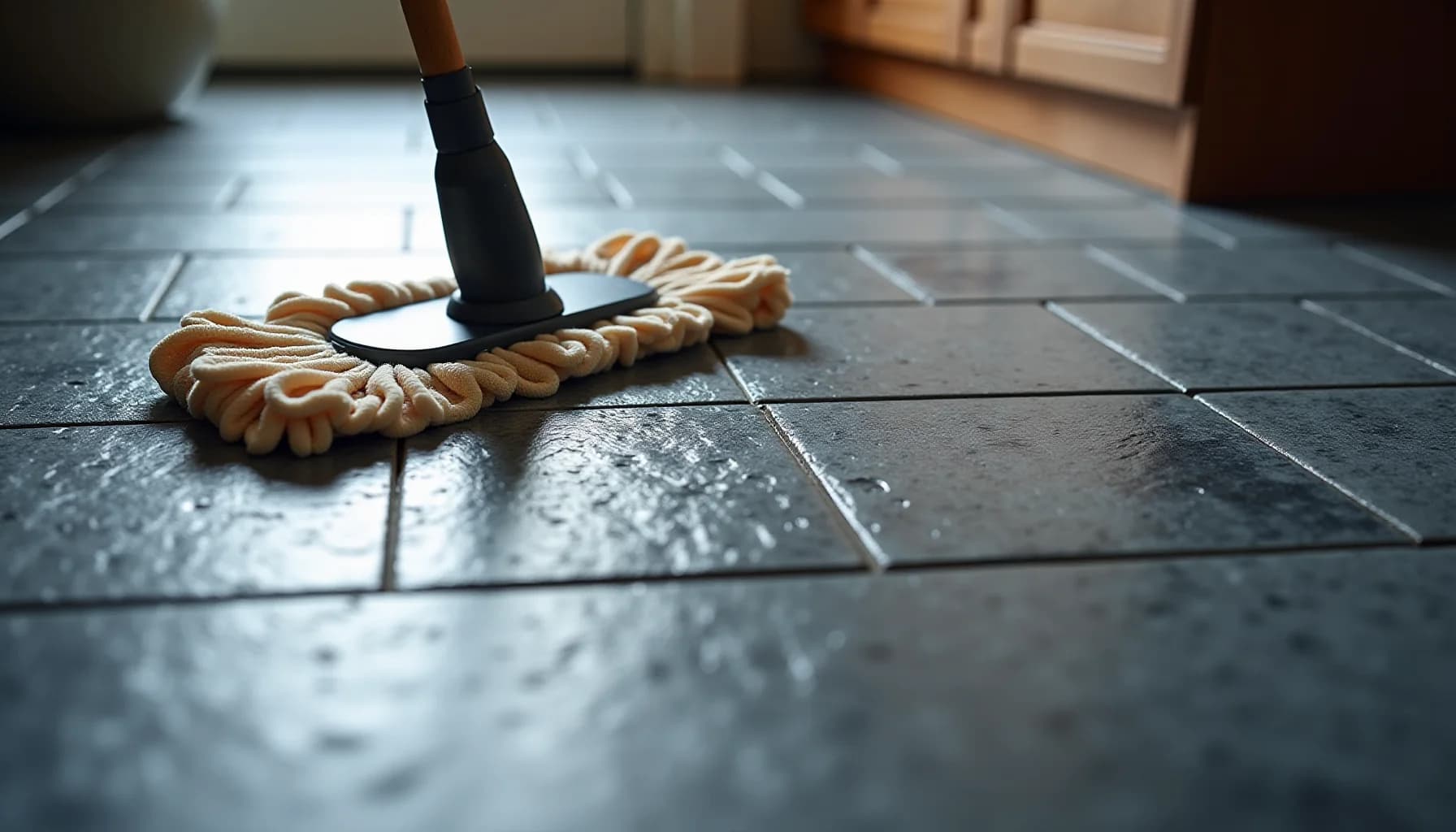 A twisted rope mop with black handle resting on wet slate floor tiles in an indoor room