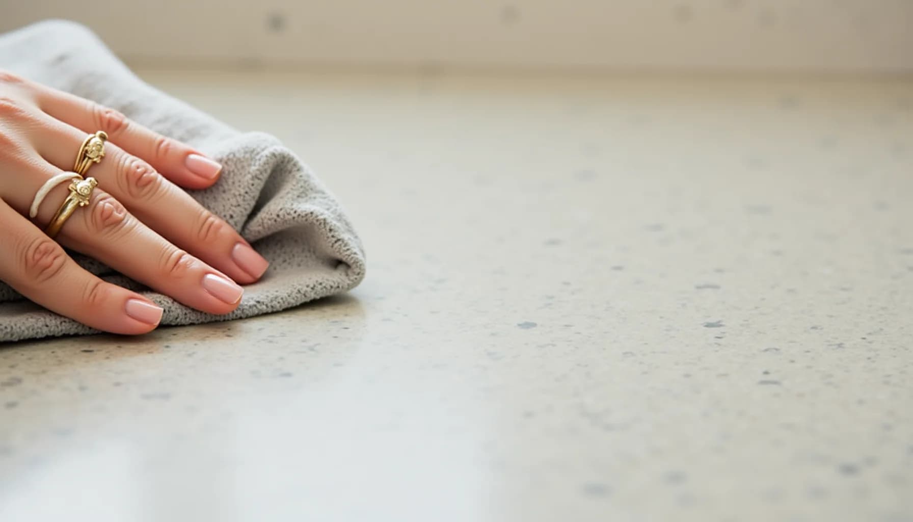 Hand with gold rings holding a gray cloth, wiping a light-colored speckled countertop surface
