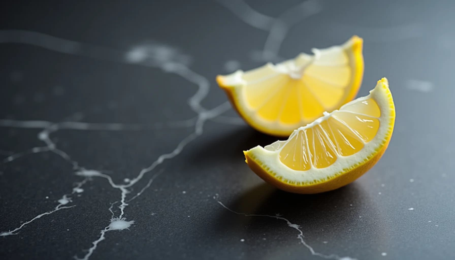 Three yellow lemon wedges arranged on a dark marble-textured countertop with white veining