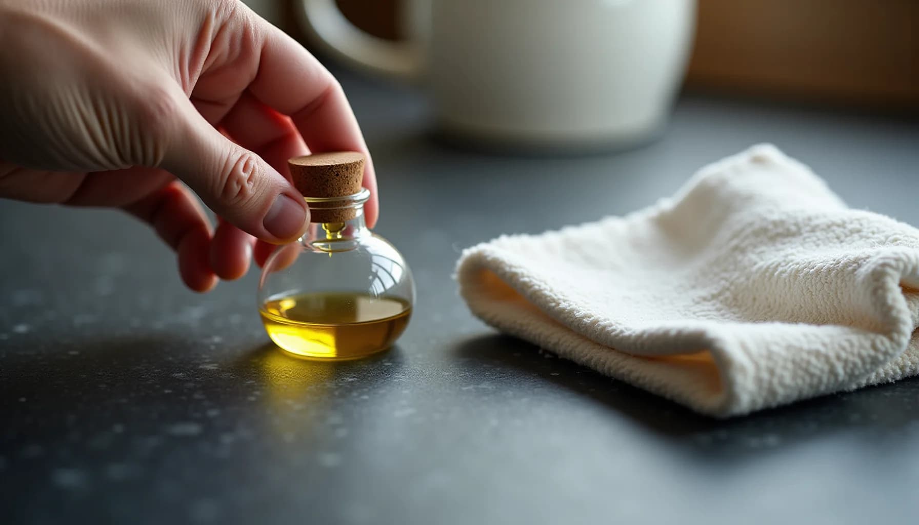 Hand holding small glass bottle of golden oil with cork stopper, white folded towel on dark countertop surface