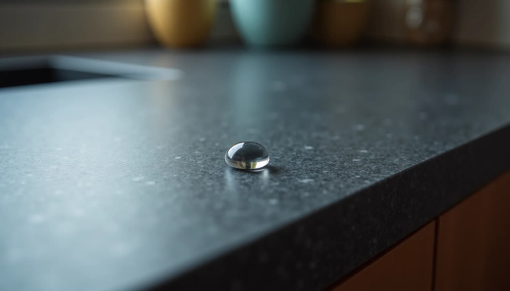 Single water droplet beading on a dark textured stone countertop surface with blurred background objects