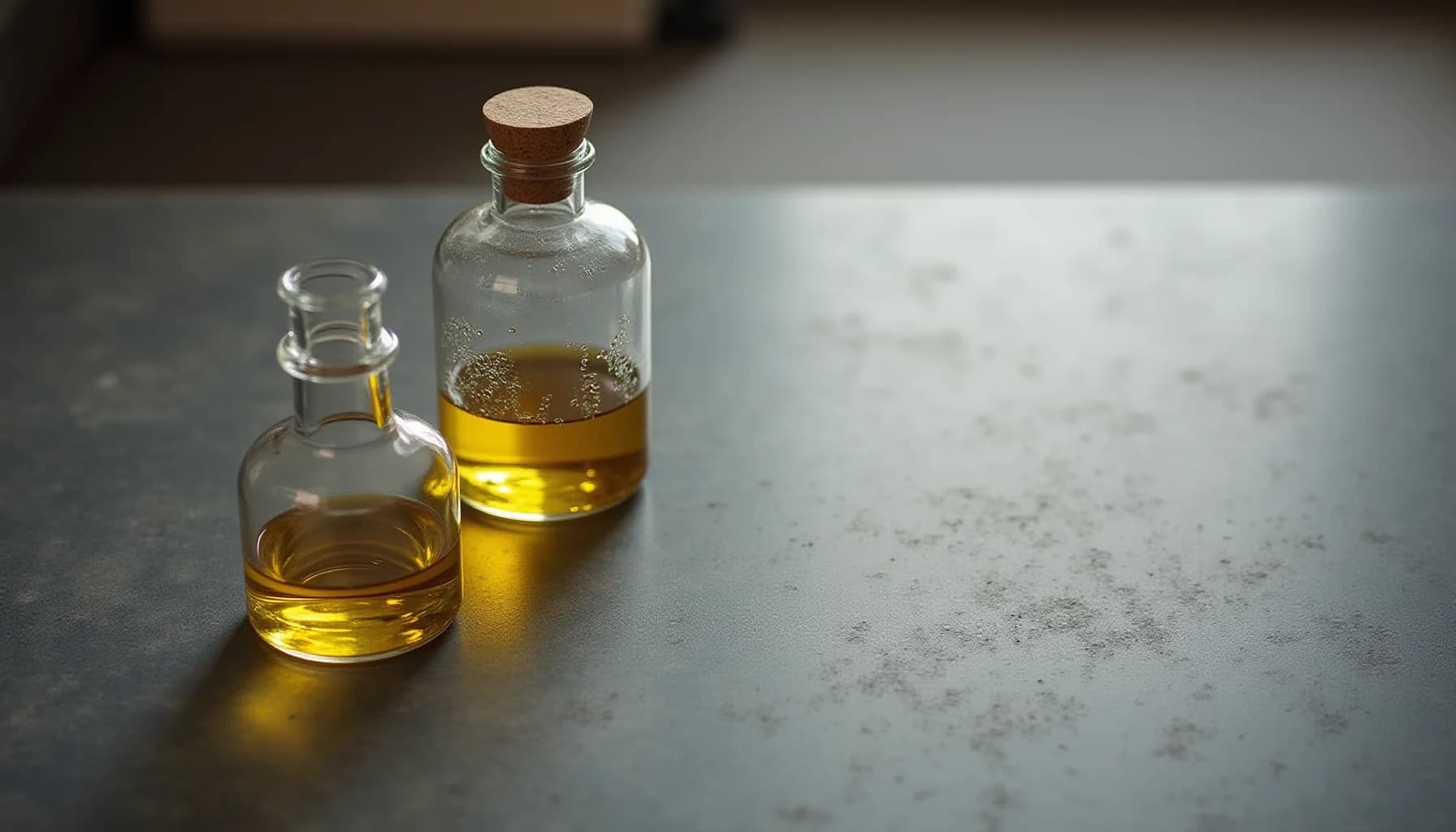 Two glass bottles with yellow oil and cork stoppers on a gray speckled countertop surface