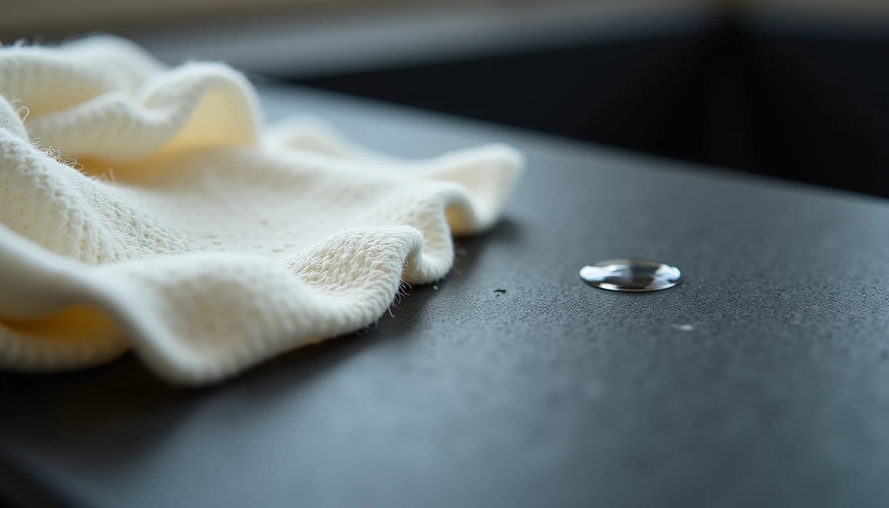 White cloth and water droplet on dark soapstone countertop surface