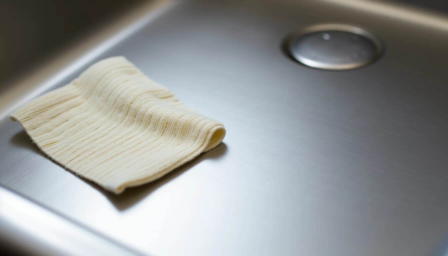 Cream-colored textured cleaning cloth on a stainless steel sink surface with a faucet aerator visible in the background