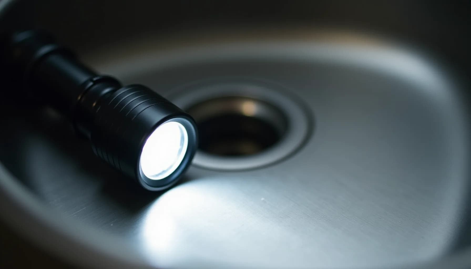Black flashlight with glowing white beam shining on a brushed stainless steel sink surface