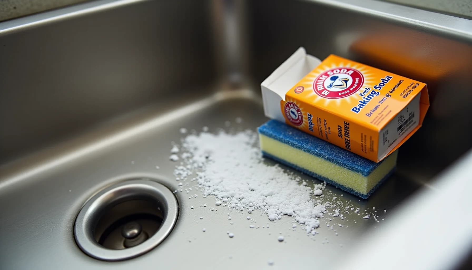 Baking soda box and blue-yellow cleaning sponges arranged on a stainless steel sink with white powder scattered on the