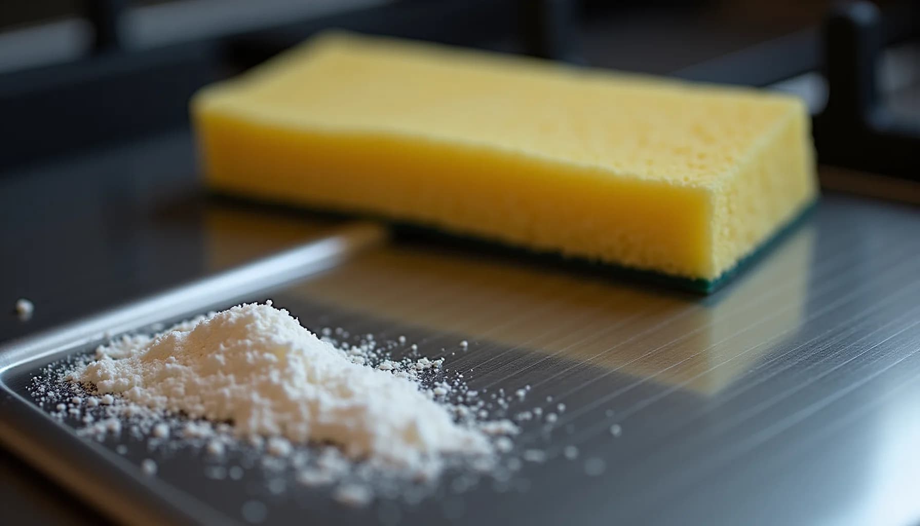 Yellow cleaning sponge and white powder on a dark stainless steel surface, with a yellow rectangular sponge in the