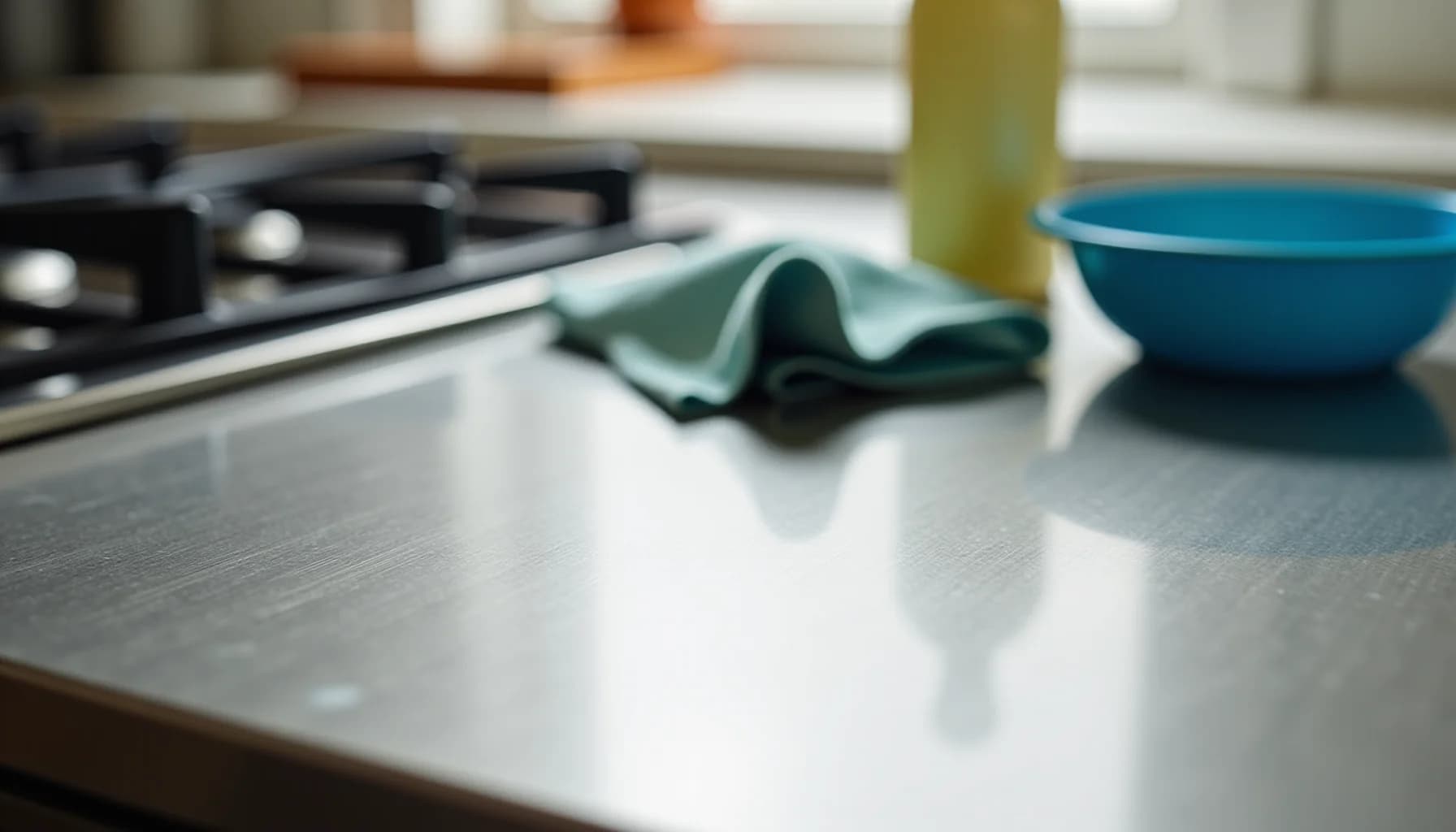 Clean kitchen countertop with gas stove, green cloth, blue bowl, and yellow bottle of cleaning product